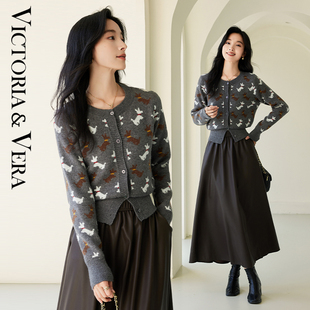 VICTORIA&VERA秋冬小众提花动物设计感圆领百搭修身 针织外套 长袖