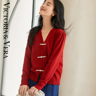 针织衫 小众设计感V领珍珠盘扣长袖 新中式 VICTORIA&VERA冬季