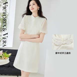 提花白色开叉连衣裙 立领盘扣蕾丝泡泡袖 VICTORIA&VERA夏季 新中式