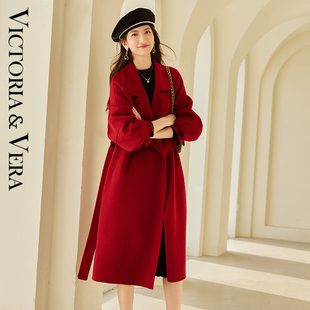VICTORIA&VERA“新年战袍大红超显瘦定制版型双面呢女士大衣外套