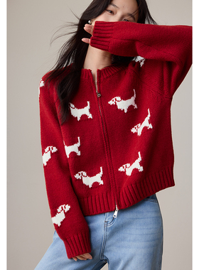 VICTORIA&VERA冬季双色小狗针织开衫红色藏青圣诞萌宠减龄日常