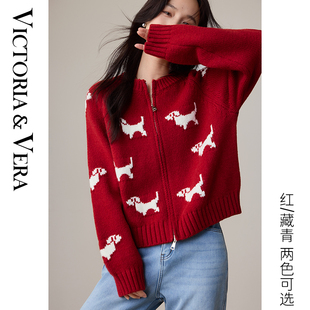VICTORIA&VERA冬季双色小狗针织开衫红色藏青圣诞萌宠减龄日常