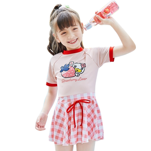 B.Duck儿童泳衣女童连体宝宝洋气新款格子公主裙中大童训练游泳衣