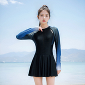 大码 B.Duck黑色泳衣女连体长袖 防晒遮肚显瘦微胖新款 保守游泳衣