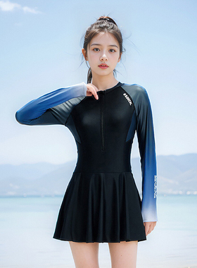 B.Duck黑色泳衣女连体长袖防晒遮肚显瘦微胖新款大码保守游泳衣
