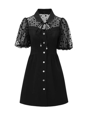 ON家夏季白色显瘦泡泡袖拼接牛仔短款连衣裙，110斤以内