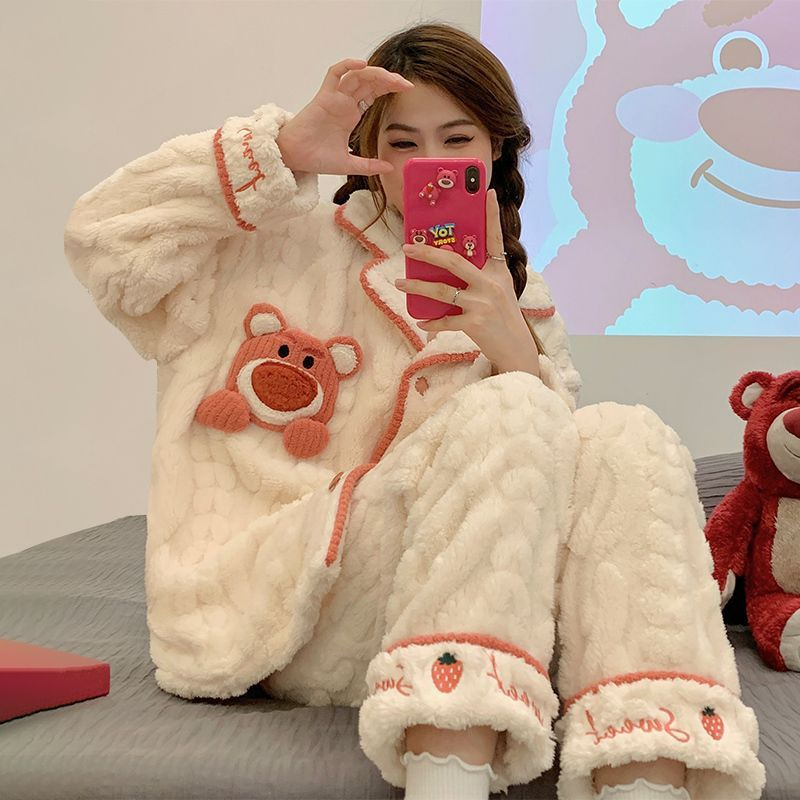珊瑚绒睡衣女冬季长袖2023年法兰绒加厚保暖春秋天家居服套装