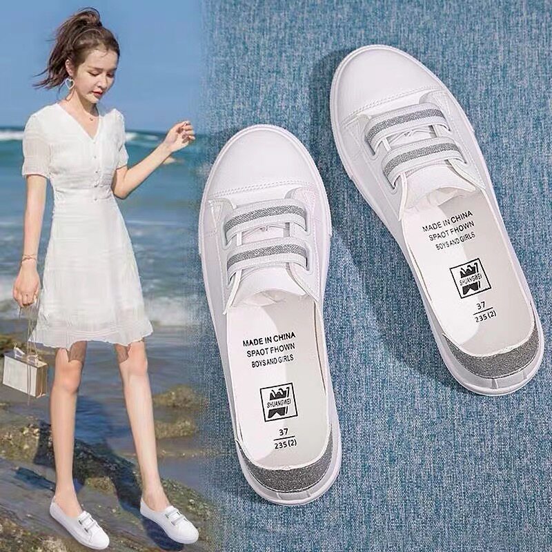 魔术贴小白鞋女皮面薄款软底季夏浅口板鞋孕妇平底防滑一脚蹬单鞋