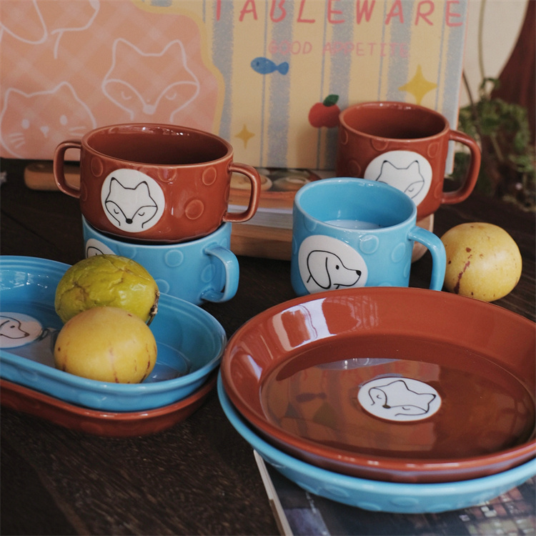 复古棕狐狸系列套装早餐杯咖啡杯双耳碗沙拉盘椭圆盘送礼 礼盒装