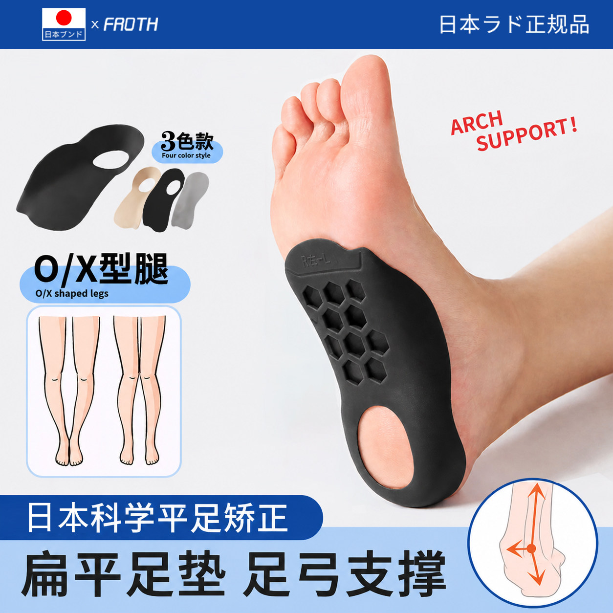 日本扁平足矫正鞋垫男女xo型腿直腿足底足内外翻矫正器足弓支撑垫
