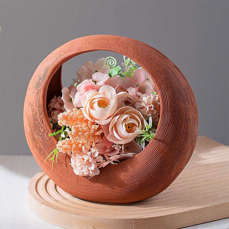 速发红土陶玄花瓶创意水培干花插花篮瓷关客厅家居装艺摆件工饰品
