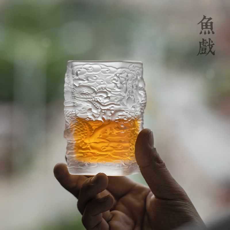 速发浮晶玻璃茶杯主单杯手工水雕描金腾龙品茗杯琉璃杯子人杯功夫