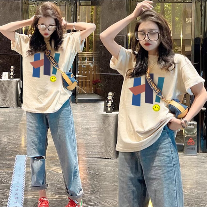 高货速发短袖T恤女2024夏季新款欧货大版宽松圆领中长款百搭半袖
