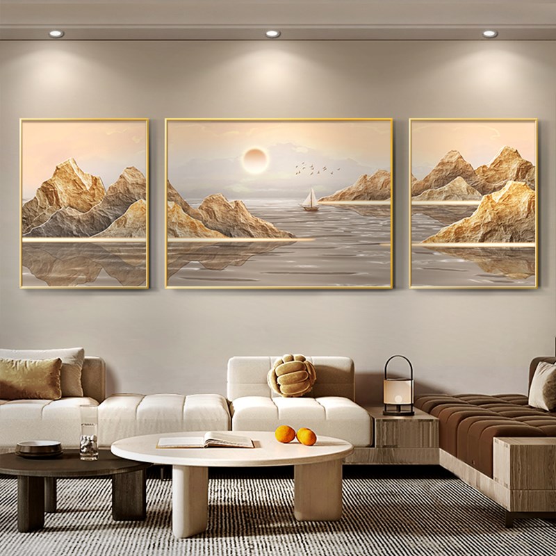 速发旭日东有客厅装饰墙轻奢三联山水挂画升山有水沙发背景画挂画
