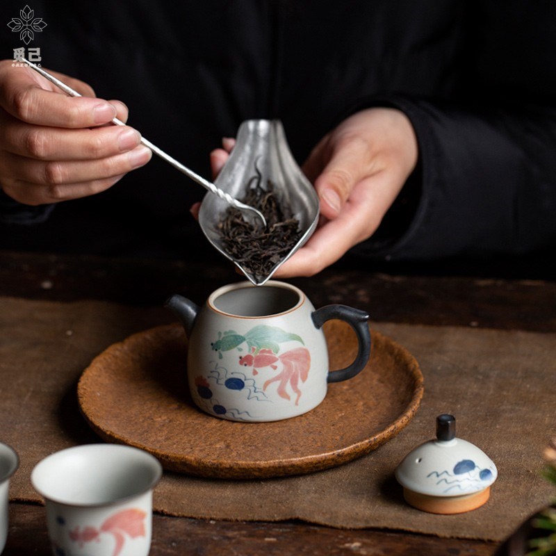 速发日式手绘锦鲤茶壶陶瓷家庭泡茶器功夫茶具个人专人单壶泡