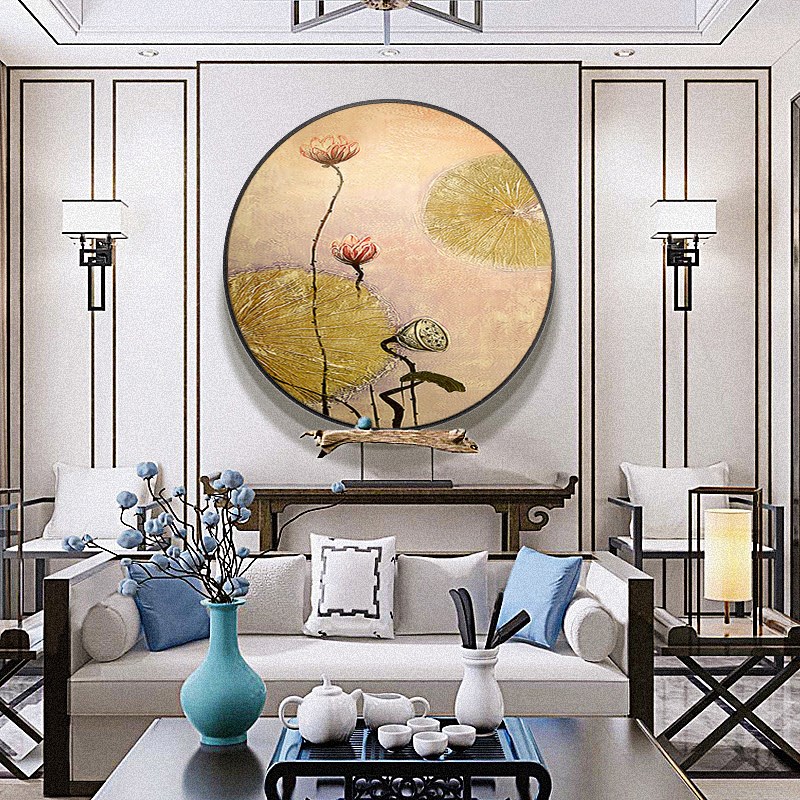 速发纯手绘油画荷花和气生财新中式玄关装饰画圆形东南亚挂画餐厅图片