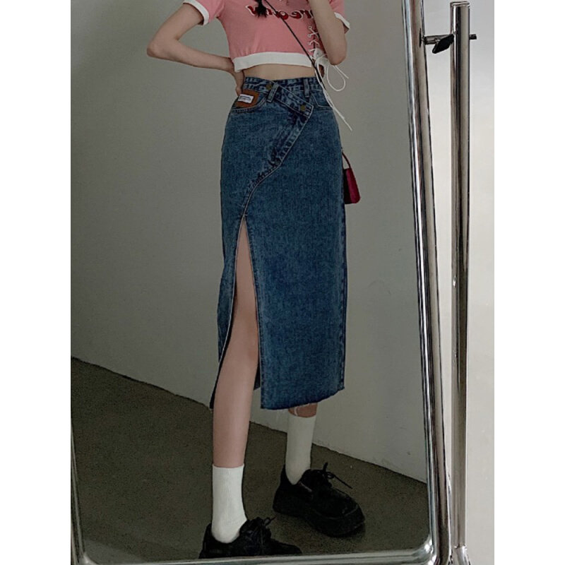高货速发大码女装胖妹妹牛仔裙半身裙2023新款夏季韩版开叉设计感