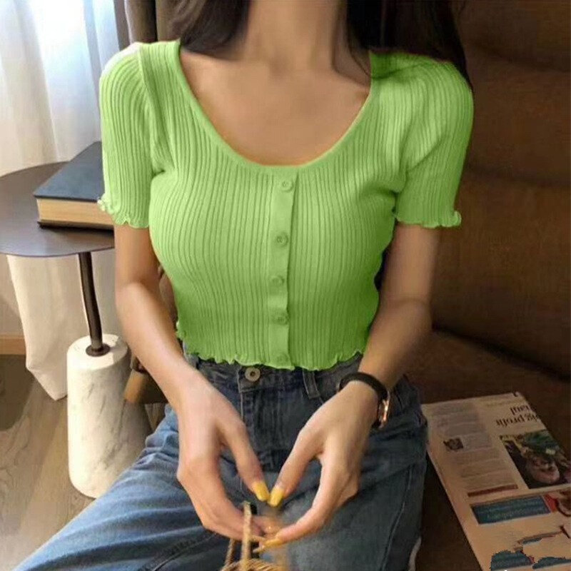 高货速发现货夏季新款韩版简约花边纯色打底针织衫女U领修身短款b