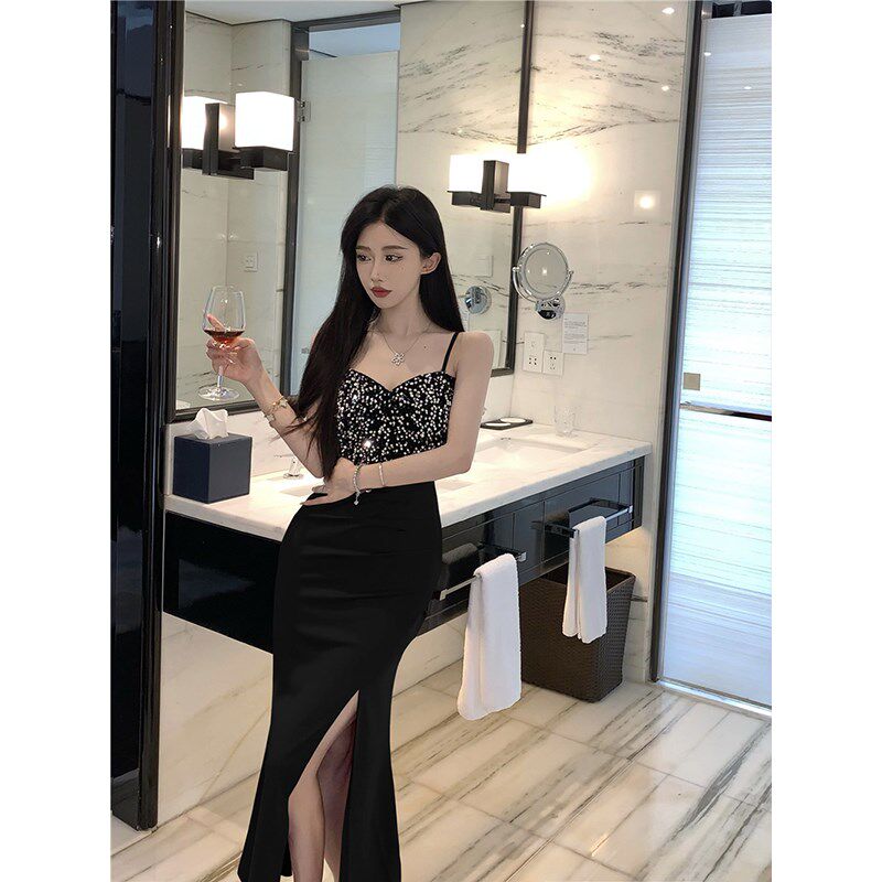 速发气质绝美衣连裙性感亮片开叉鱼尾长裙季式礼服裙子夏法新款