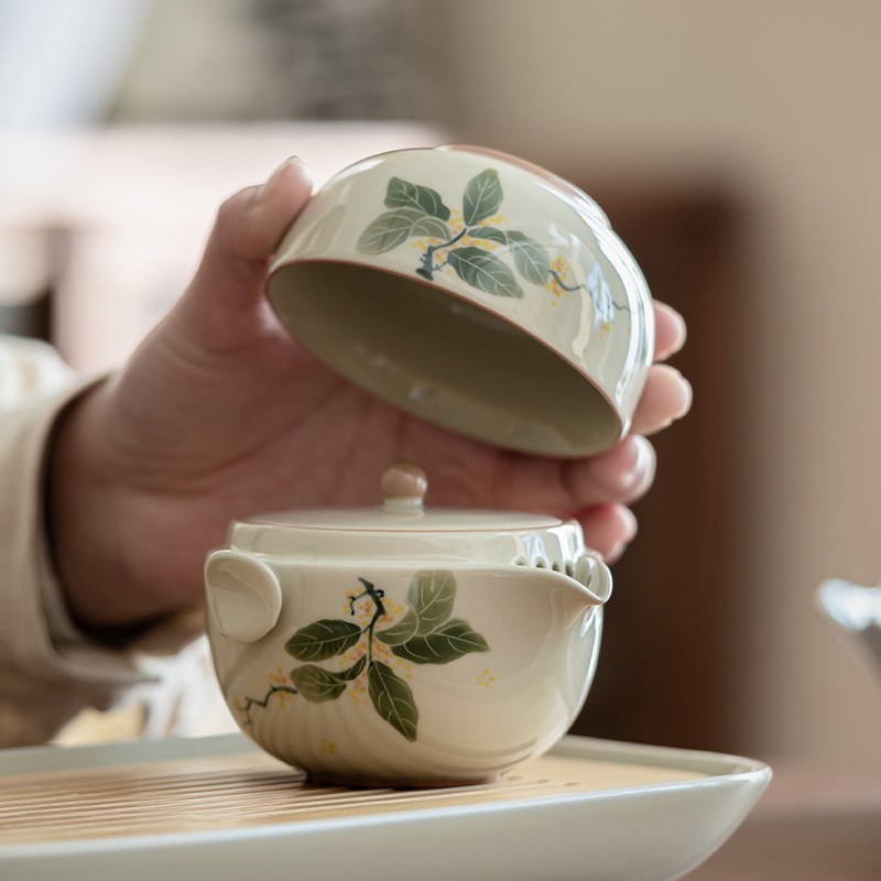 速发手绘桂花一壶一茶旅行室捷杯具户外便内陶瓷茶盘功夫茶具快客