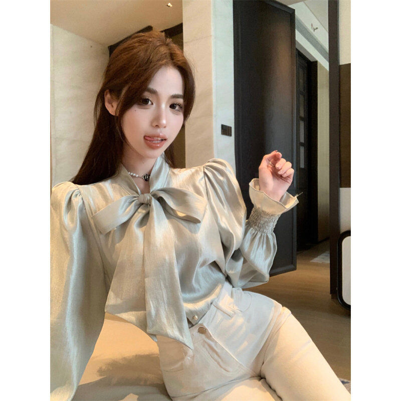 高货速发蝴蝶结韩系温柔长袖衬衫女春季新款气质绿色小众衬衣休闲