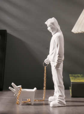 速发B潮ksy班克西男玩遛狗的潮人白色a流玩具艺术雕塑摆件