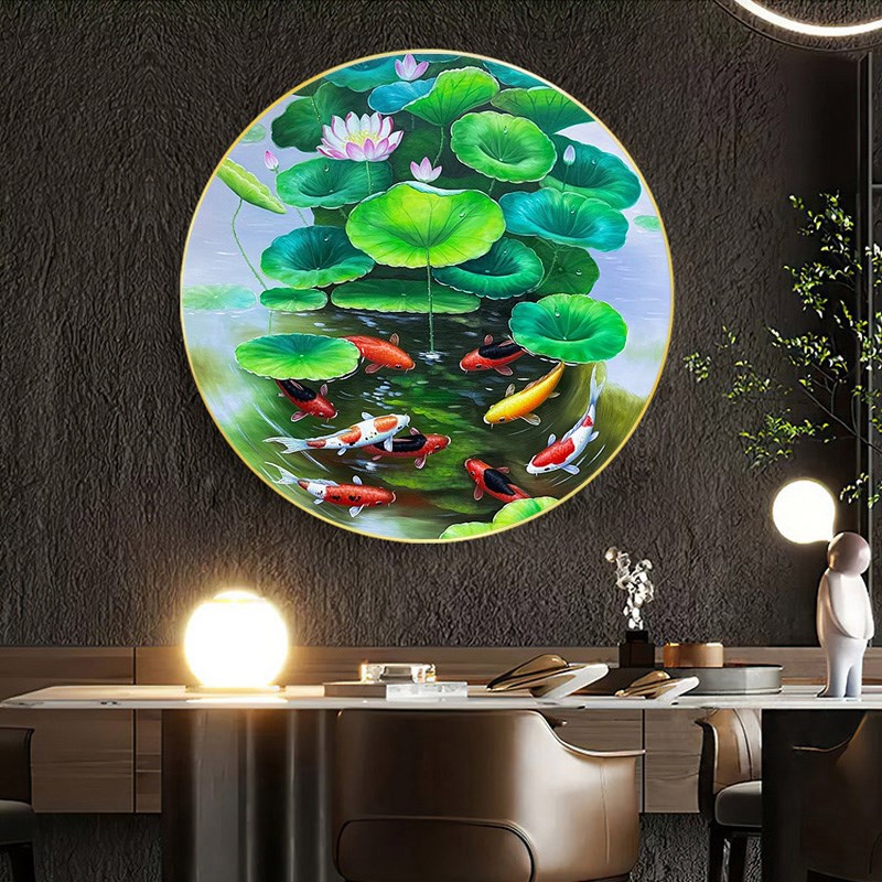 速发荷花九鱼新中式玄关装饰画手绘油画圆形餐厅挂画客厅走廊过道图片