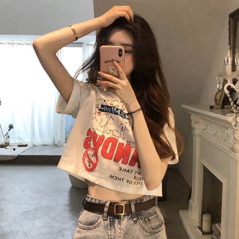 高货速发跨境外贸女装2021夏季新款短款上衣女学生露脐印花短袖T