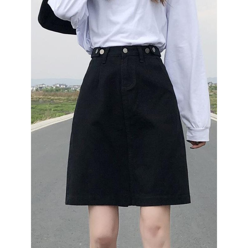 高货速发高腰牛仔半身裙女夏季2023新款黑色A字包臀显瘦黑裙中长