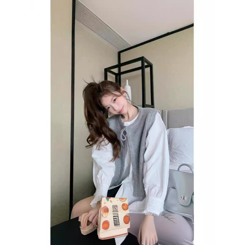 高货速发韩系套装女装春季叠穿系带短款针织马甲外套白色泡泡袖衬