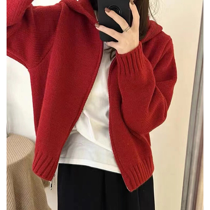 现货速发连帽纯色毛衣外套休闲短款穿搭拉链长袖外穿针织开衫