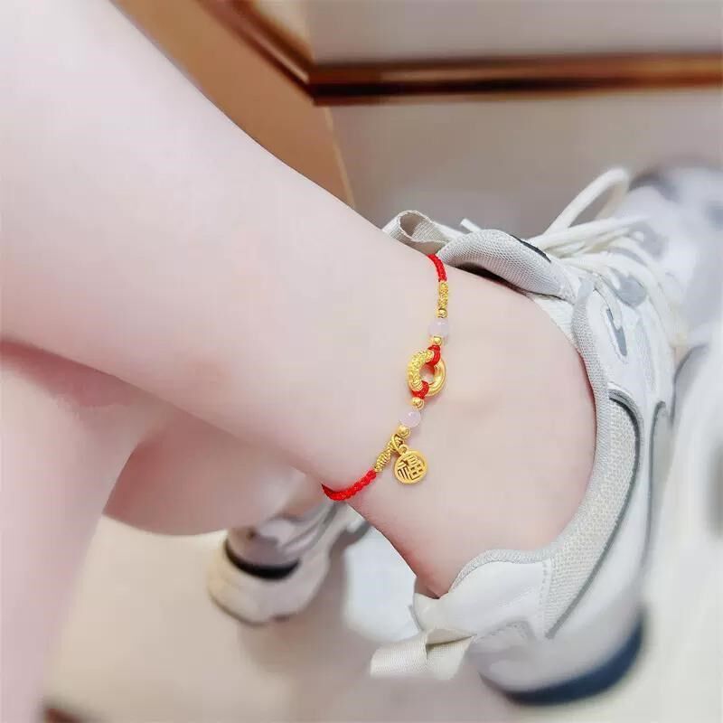 现货金色平小福牌脚链转s运珠编织素圈蕾丝招财红绳脚链送女友礼