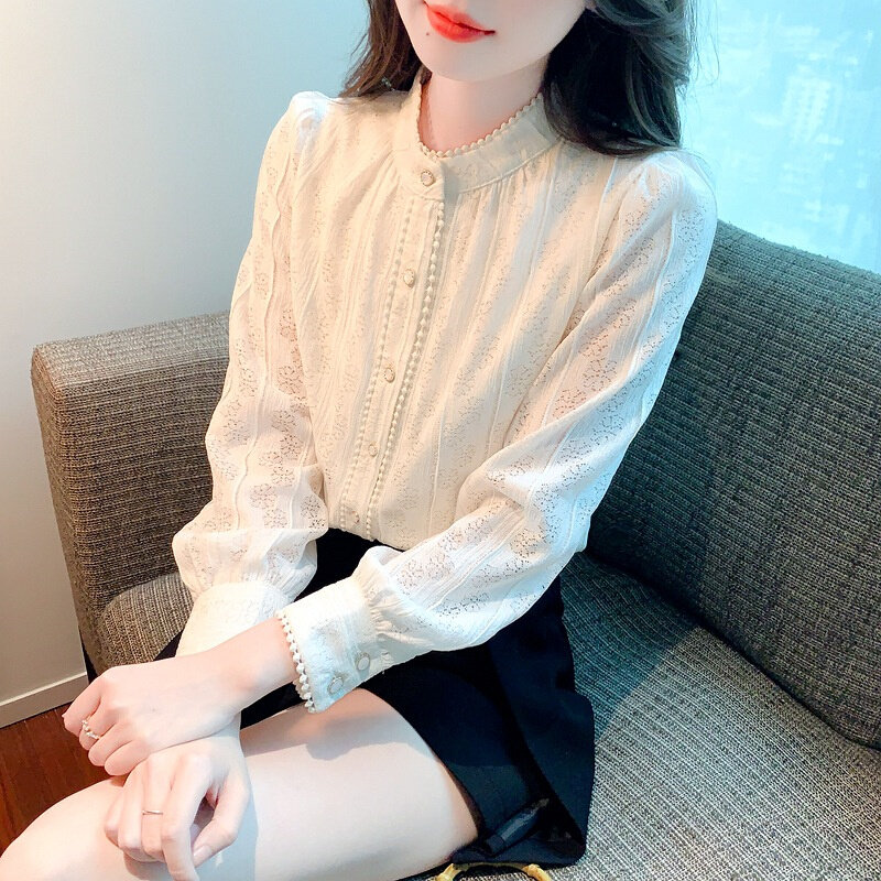 高货速发2024秋新款韩版气质立领泡泡袖蕾丝衫女小衫显瘦打底上衣