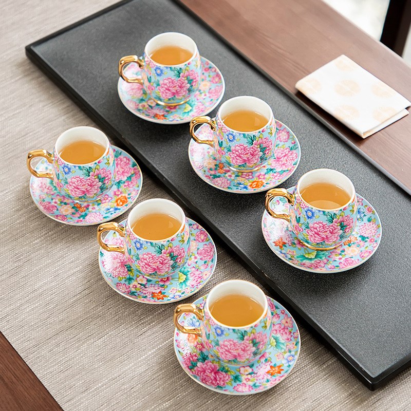 速发彩陶瓷杯耳喝茶茶子带杯托有杯六只装咖啡杯具茶具套装泡茶杯