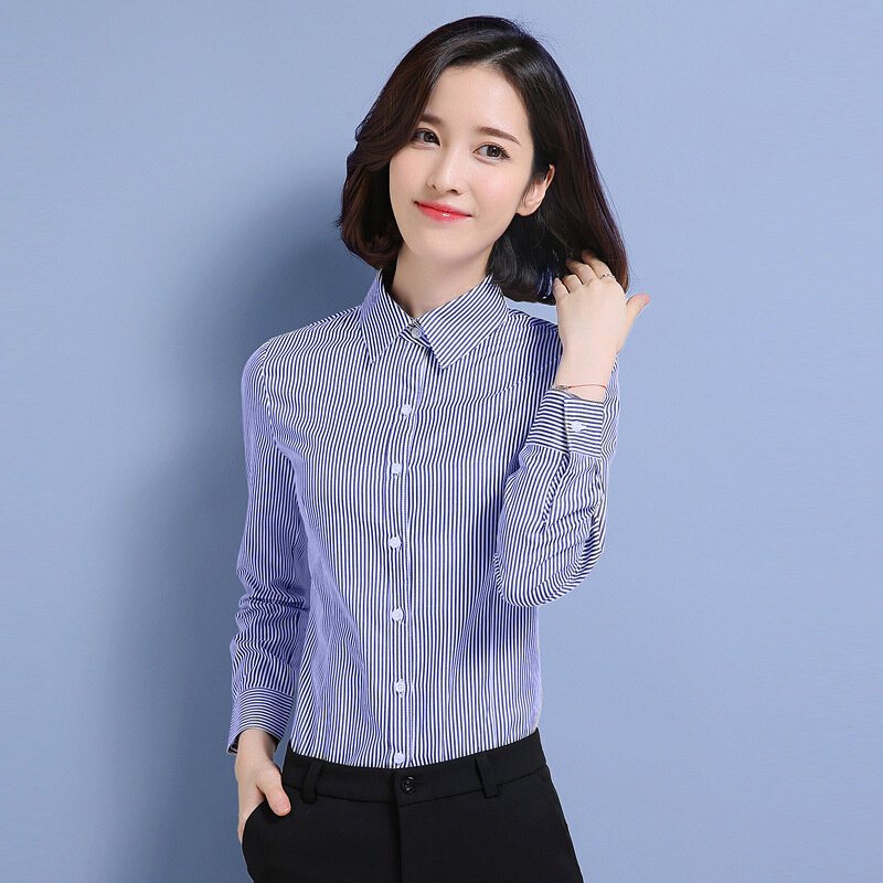 高货速发蓝色条纹衬衫女秋季长袖修身职业衬衣教师面试商务银行正