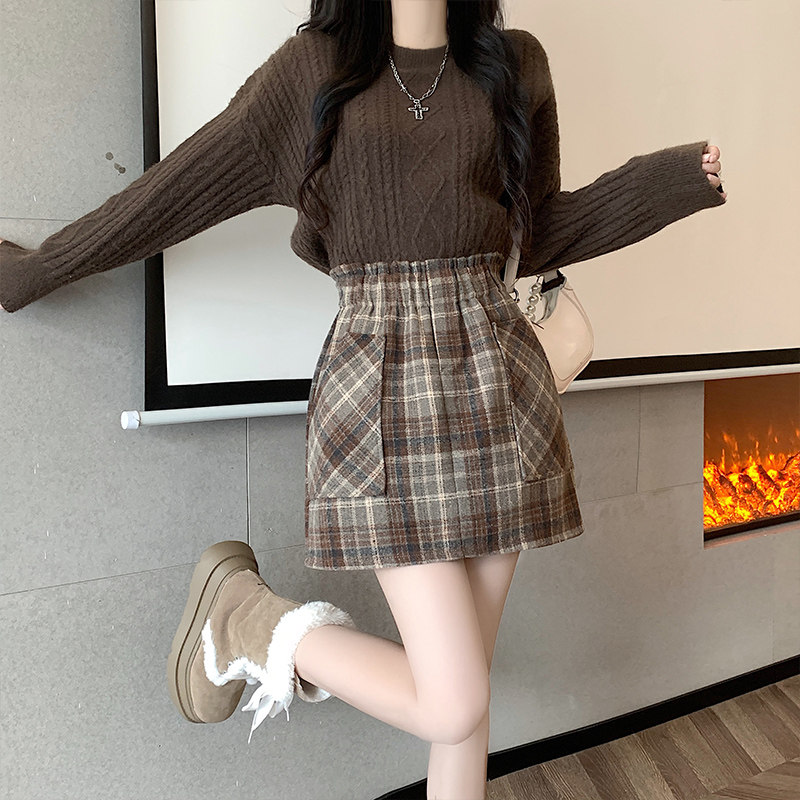 速发松紧腰复古格子半身裙20字4新款春高裙A2腰防走光短裙