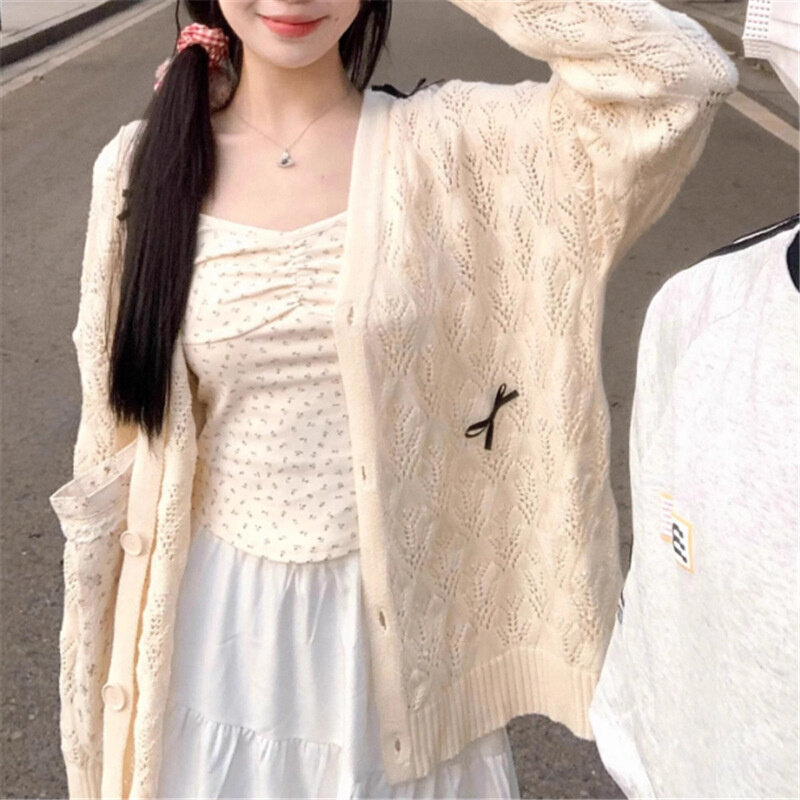 高货速发学院风镂空薄款针织开衫女春款2024新款外搭披肩宽松休闲