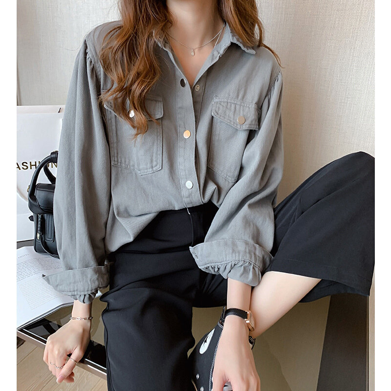 高货速发白衬衫女2021春季新款设计感小众上衣宽松长袖牛仔衬衣防