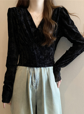 速发丝尺众大绒打底衫内搭秋冬季设计感小码V领黑色上衣长袖