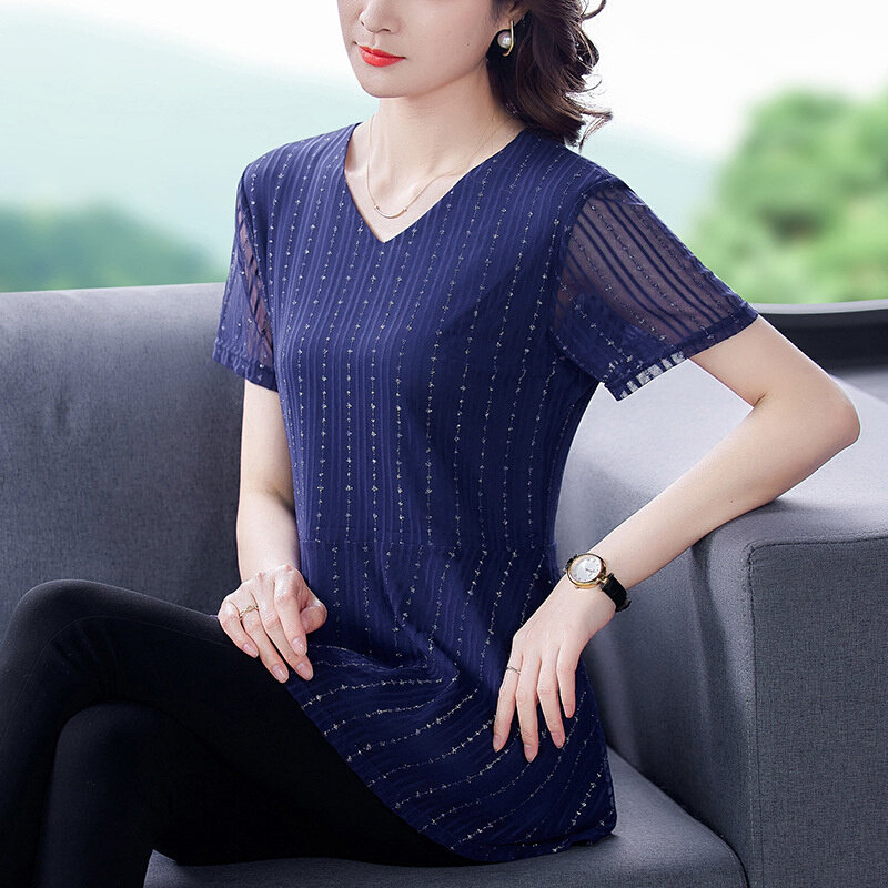 高货速发胖mm中长款蕾丝衫女夏季新款遮肚显瘦网纱蕾丝打底衫拼接