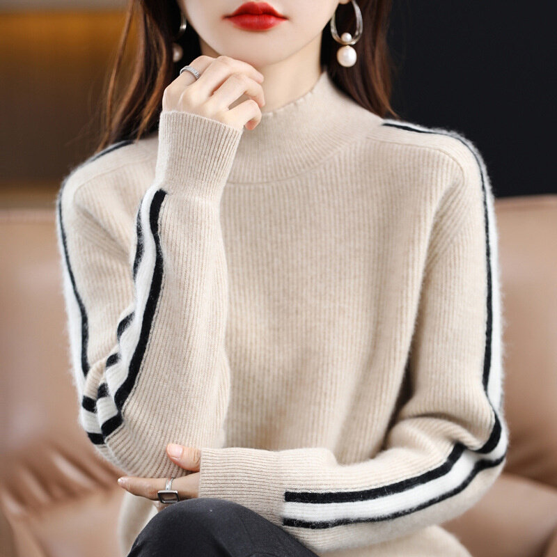 高货速发2022新款半高领羊毛衫女拼色宽松时尚百搭套头毛衣针织长