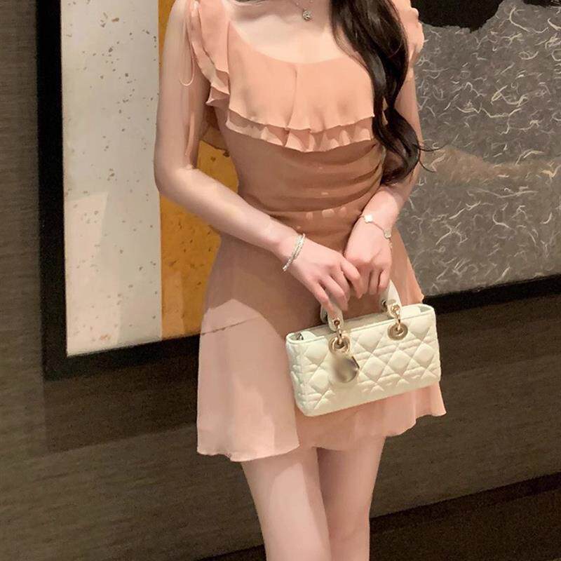 温柔度假风雪纺收腰短裙子女荷叶边无袖连衣裙纯欲风性感吊带裙子