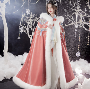 兰若庭原创汉服女冬季新款加绒保暖斗篷披中国风刺绣毛领连帽外套