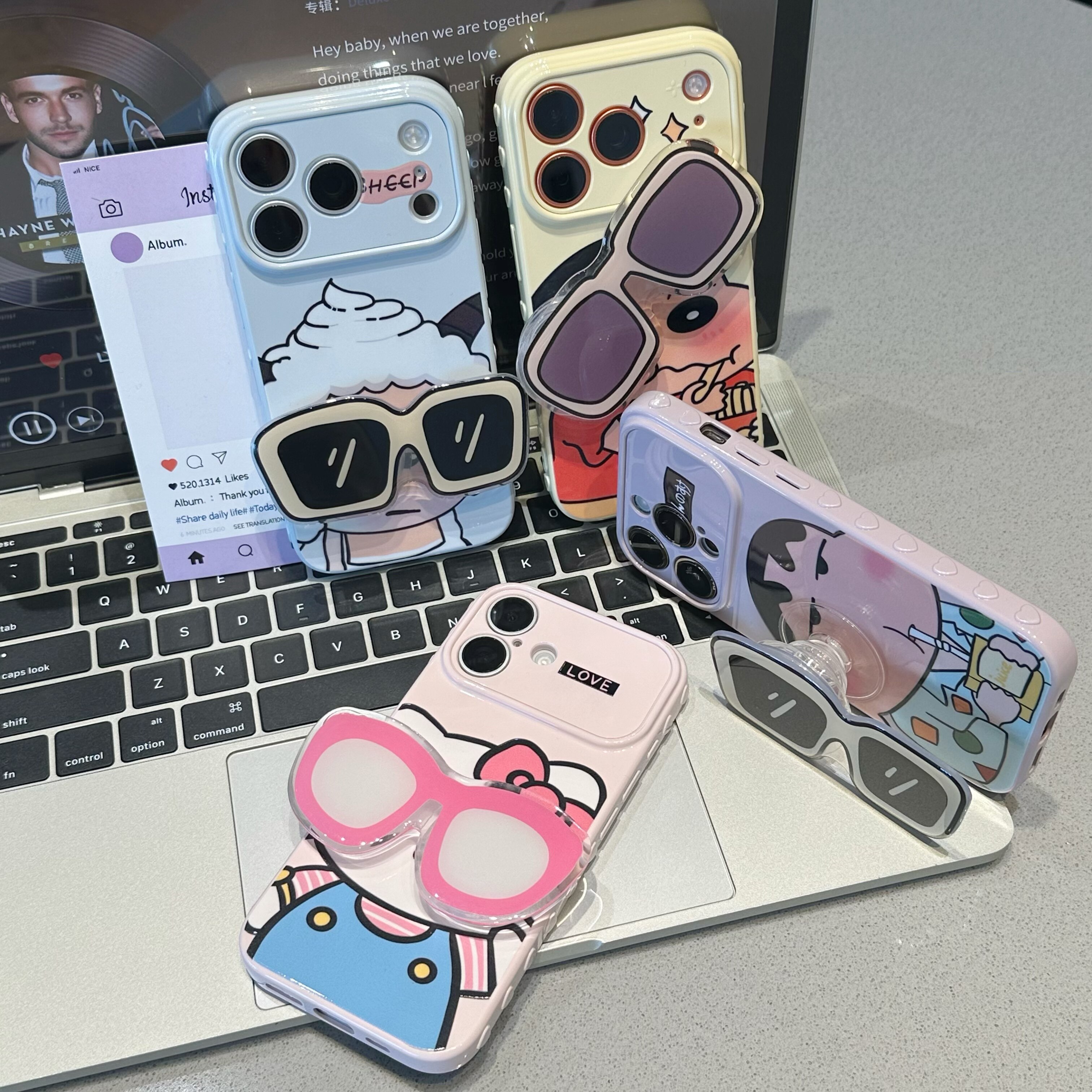 卡通小新猫咪墨镜支架适用苹果17ProMax手机壳iPhone16Pro带支架大视窗爱心15Plus秒变14软壳13男女12防摔air