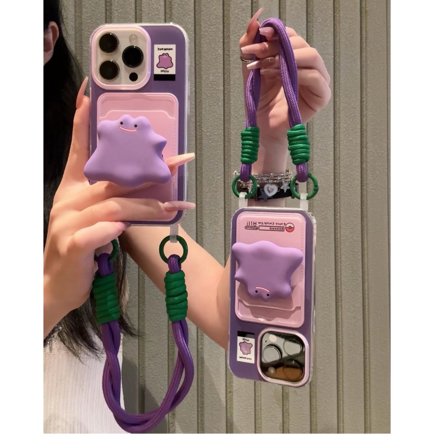 ins少女可爱紫色怪兽支架卡包适用11苹果15ProMax手机壳iPhone13腕带挂绳15新款12Pro全包14Promax防摔保护套