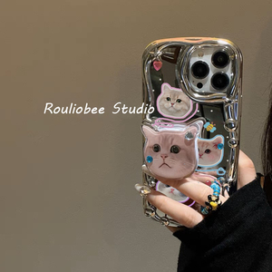 ins风可爱涂鸦少女猫咪支架银色适用苹果14promax手机壳iPhone13新款12防摔套11硅胶女13pro镜面小众全包软壳