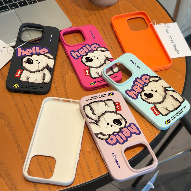 可爱hello歪头小狗用iPhone15荔枝纹手机壳14pro苹果12新款15pro硅胶13promax高级感保护套ip11男女卡通情侣