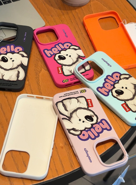 可爱hello歪头小狗用iPhone15荔枝纹手机壳14pro苹果12新款15pro硅胶13promax高级感保护套ip11男女卡通情侣