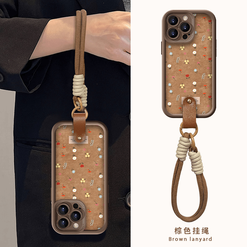 美拉德咖色复古秋冬碎花适用苹果16promax手机壳iphone15/14新款华为mate60pro女13荣耀200腕带Reno12挂绳S19