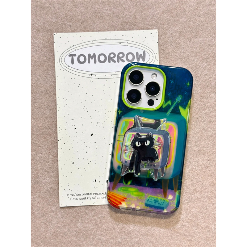 电视黑猫手机壳苹果16pro华为pura70哈基米iPhone15promax小米14小猫vivo猫咪OPPO复古油画13小黑猫涂鸦x可爱
